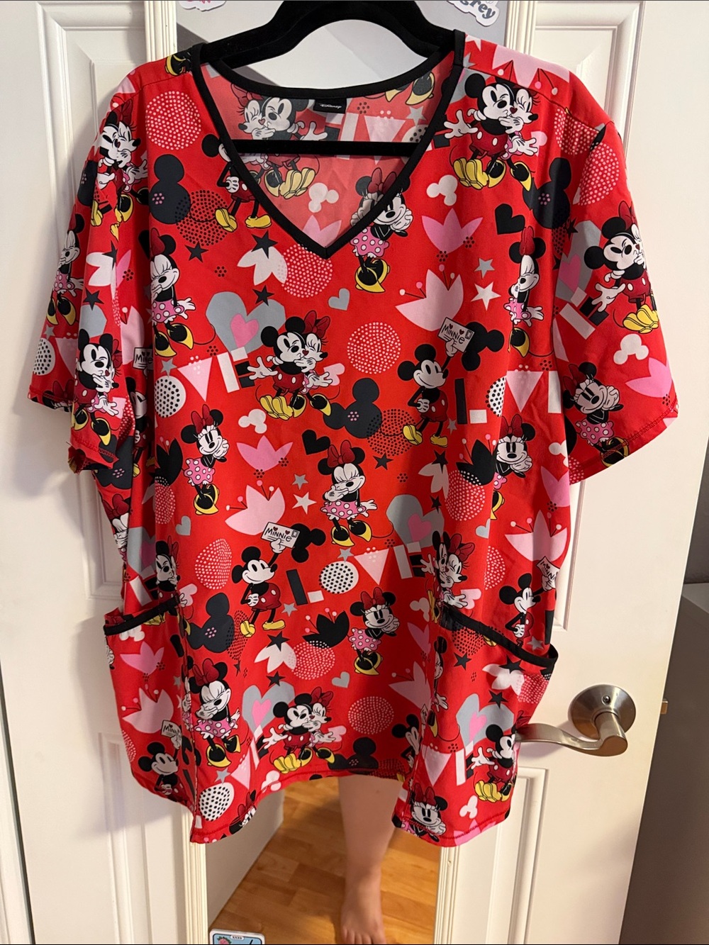 Disney Red & Pink Mickey Mouse V-Neck Scrub Top